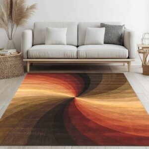 Brown and orange spiral rug on light wood planks positioned under a cream upholstered couch.