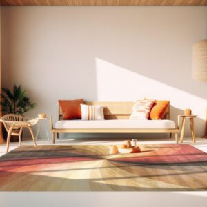 A radial gradient rug in yellow, rust, and red warms a brightly lit room with minimalist wood furniture.