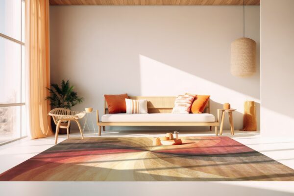 A radial gradient rug in yellow, rust, and red warms a brightly lit room with minimalist wood furniture.