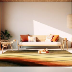 Abstract low-pile rug with wide bands of brown, orange, and yellow gradient colors in a bright room.