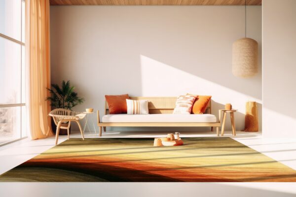 Abstract low-pile rug with wide bands of brown, orange, and yellow gradient colors in a bright room.