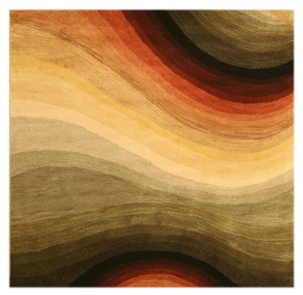 A rug with wavy, carved stripes in shades of gold, rust, olive green, and dark brown.