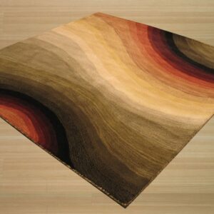 A square rug with wavy bands of brown, tan, olive, and deep red sits on light wood flooring.