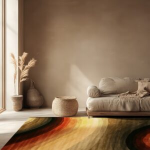 Gold, rust, and olive curved stripes adorn a plush rug next to a cream sofa in a sunlit room.