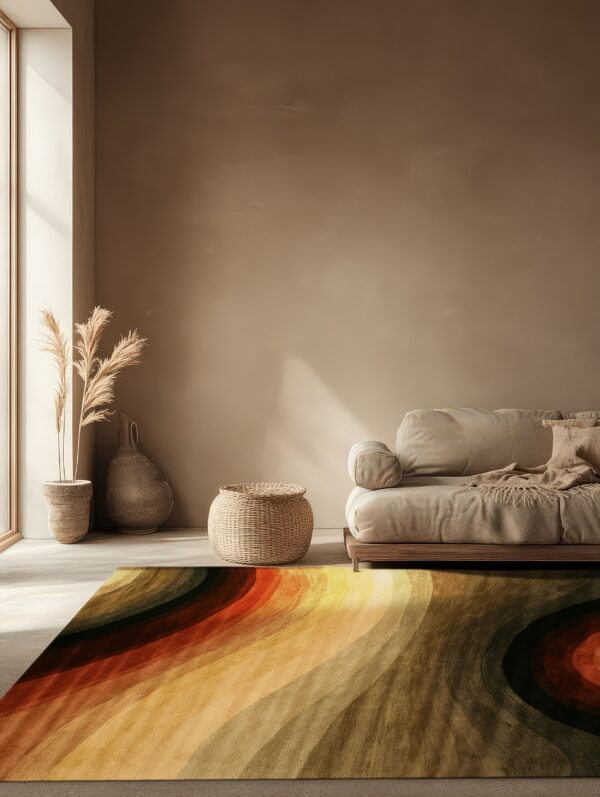 Gold, rust, and olive curved stripes adorn a plush rug next to a cream sofa in a sunlit room.