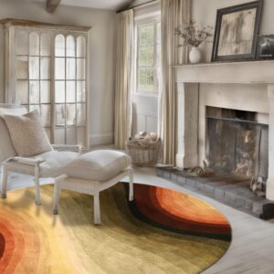 Abstract round rug with wavy orange, gold, and olive bands placed under a white chaise lounge.