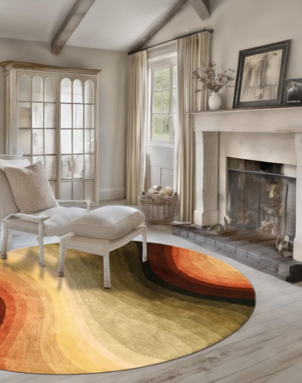 Abstract round rug with wavy orange, gold, and olive bands placed under a white chaise lounge.