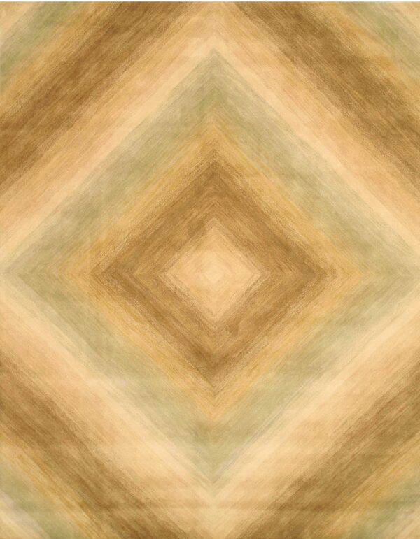 Textured rug with an abstract diamond design in blending tones of tan, gold, and sage.