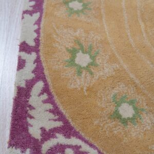 Tan, high-pile rug with a magenta and cream leaf border and green floral accents sits on light wood flooring.