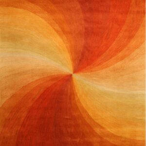 Abstract rug showing a radial swirl pattern of high-contrast orange, rust, and golden yellow colors.