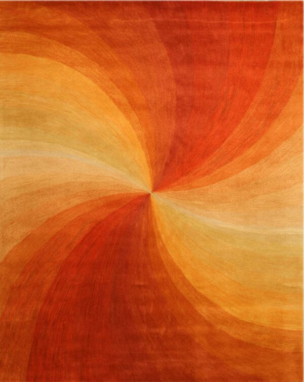 Abstract rug showing a radial swirl pattern of high-contrast orange, rust, and golden yellow colors.
