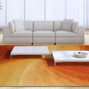 Modern room with a swirling orange and gold rug, white sofa, and light wood floors.