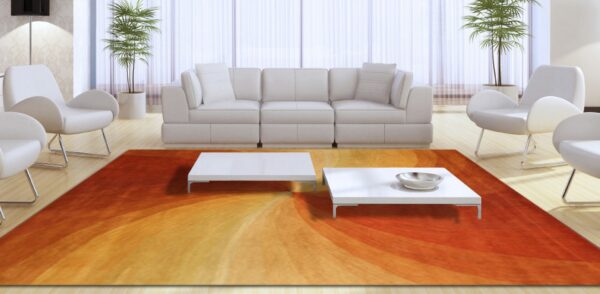 Modern room with a swirling orange and gold rug, white sofa, and light wood floors.