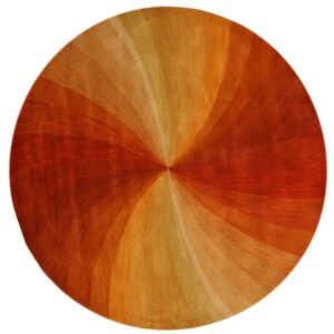 Round rug displaying a gradient sunburst pattern in varying shades of red, orange, and yellow.