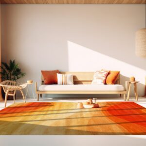 Red, orange, and gold abstract rug placed under a natural wood sofa in a sunlit, modern room.