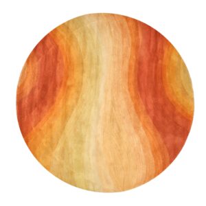Round rug with a subtle texture and abstract vertical gradients in shades of rust, orange, and gold.