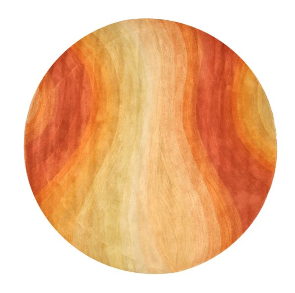 Round rug with a subtle texture and abstract vertical gradients in shades of rust, orange, and gold.
