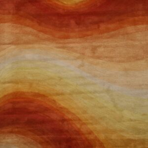 Plush rug detail displaying abstract, curved bands in shades of rust, orange, goldenrod, and cream.