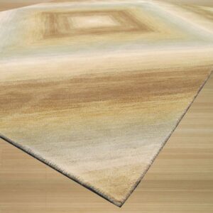 Tan and brown shaded rug with concentric square patterns sits on light wood plank flooring.