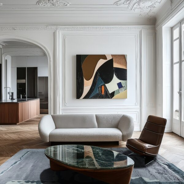 A slate-grey abstract rug centers a room with a white sofa, brown leather chair, and herringbone wood floors.