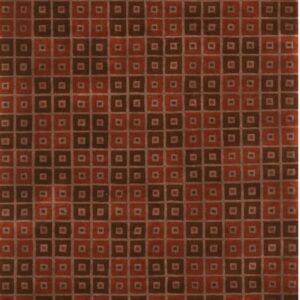 Rust red and dark brown rug features a geometric repeating checkerboard pattern and ivory fringe.