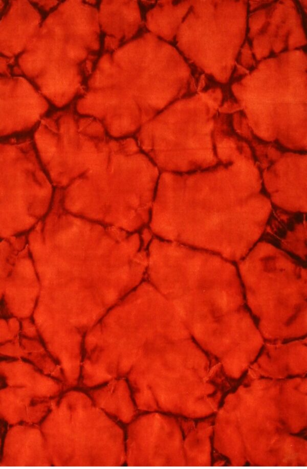 Plush reddish-orange rug with an abstract, high-contrast dark crackle or spiderweb pattern.