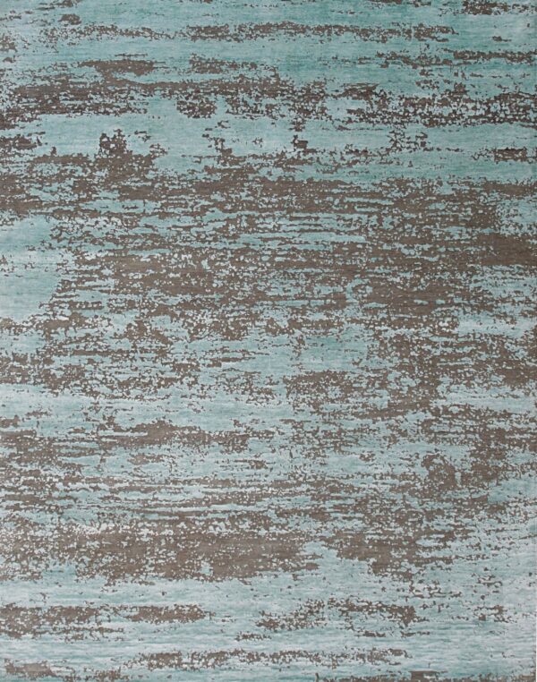 Abstract rug with a distressed pattern featuring mottled horizontal bands of aqua and dark gray.