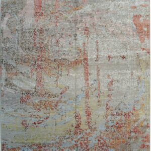 Gray abstract rug featuring distressed traditional motifs accented by red, rust, blue, and yellow colors.