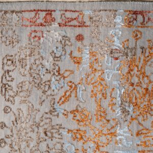 High-pile gray rug with traditional orange, blue, and brown patterns rests on light wood flooring.