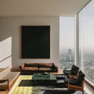 Abstract yellow and black striped rug anchors a modern high-rise living room with brown leather furniture.