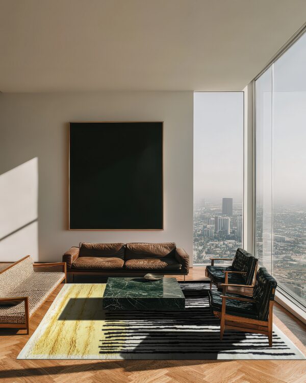Abstract yellow and black striped rug anchors a modern high-rise living room with brown leather furniture.