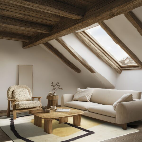 A low pile cream rug with a yellow and dark abstract pattern accents a rustic attic sitting area.
