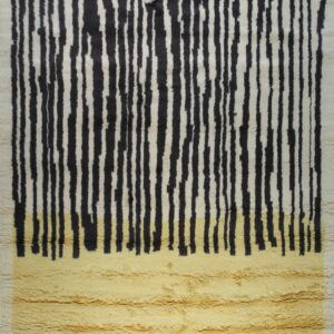 Shaggy rug featuring vertical black stripes over cream, transitioning into a solid yellow lower panel.