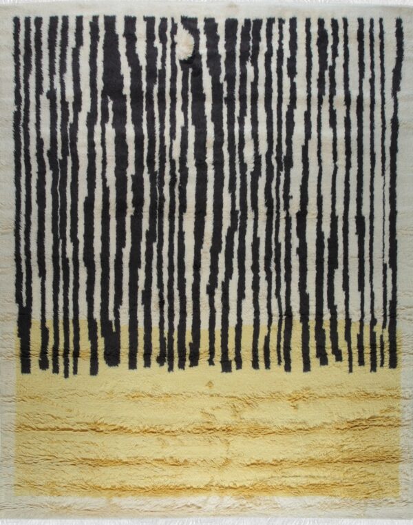Shaggy rug featuring vertical black stripes over cream, transitioning into a solid yellow lower panel.