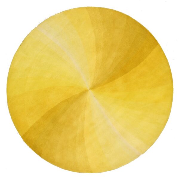 Round yellow rug featuring a soft texture and a radiating pinwheel pattern of light and dark gold tones.