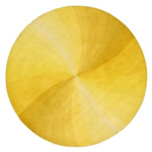 A round, yellow rug featuring radial pinwheel bands of contrasting lighter and darker golden yellow hues.