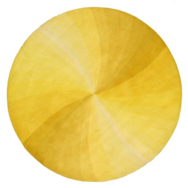 A round, yellow rug featuring radial pinwheel bands of contrasting lighter and darker golden yellow hues.