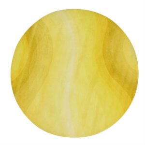 A circular rug with an abstract pattern of subtle yellow and gold ombre stripes.