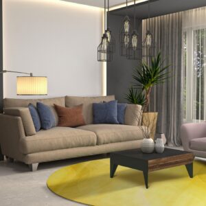 A bright yellow round rug defines a modern seating area with a beige sofa and pink accent chair.