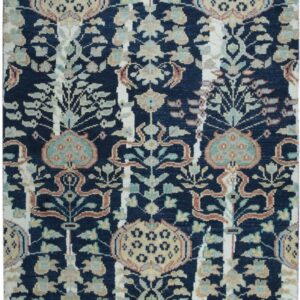 Dark navy rug with a traditional repeating pattern of floral motifs and vertical cream bands.