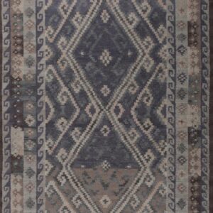 Flatwoven rug displaying dark blue, gray, and beige geometric patterns with multiple detailed borders.