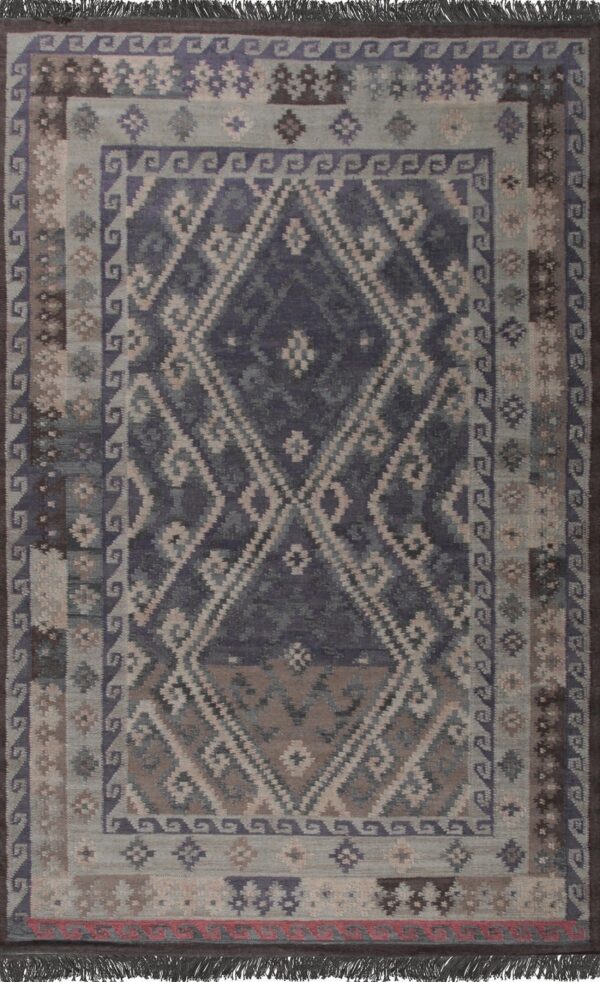 Flatwoven rug displaying dark blue, gray, and beige geometric patterns with multiple detailed borders.