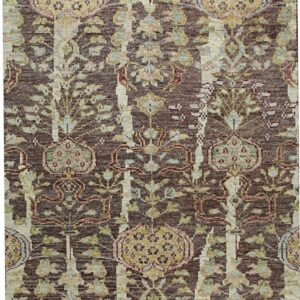 Dark brown rug with an intricate traditional pattern and vertical light beige distressed stripes and fringes.