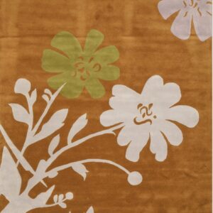 Warm rust-brown rug featuring a large, stylized floral pattern in white and olive green.