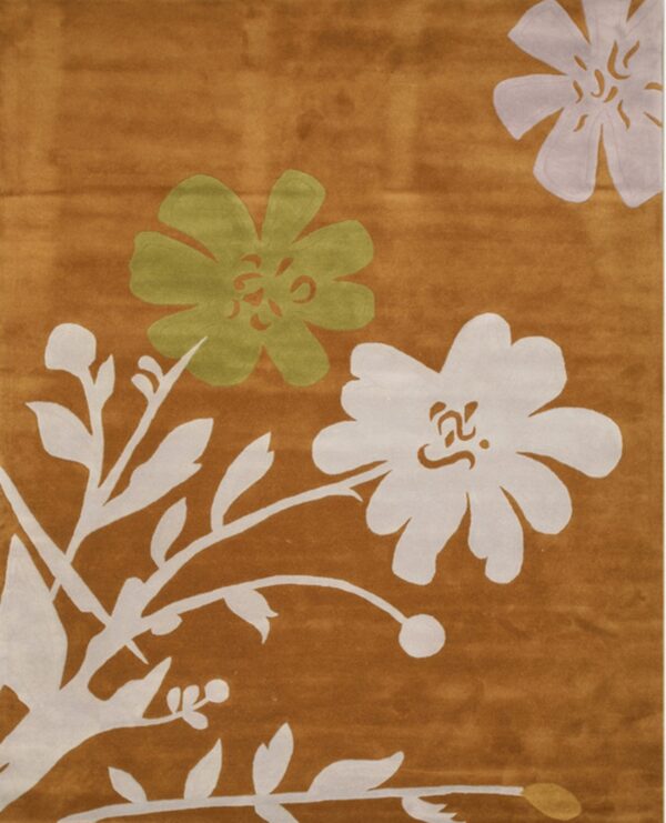 Warm rust-brown rug featuring a large, stylized floral pattern in white and olive green.