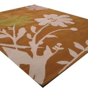Caramel brown rug with raised cream and pale green modern floral designs.