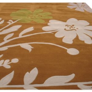Medium pile rug in deep gold features large, stylized floral and vine patterns in off-white and pale green.
