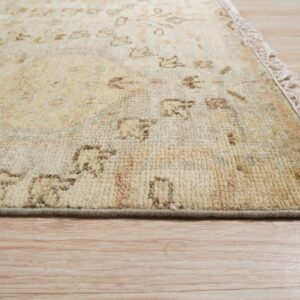 Textured cream and beige rug showing distressed patterns and fringe detail on light wood floor.