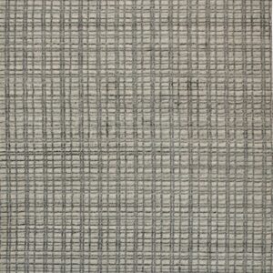 A low-pile rug featuring a dense, textured gray grid pattern over a lighter neutral background, with short fringe.