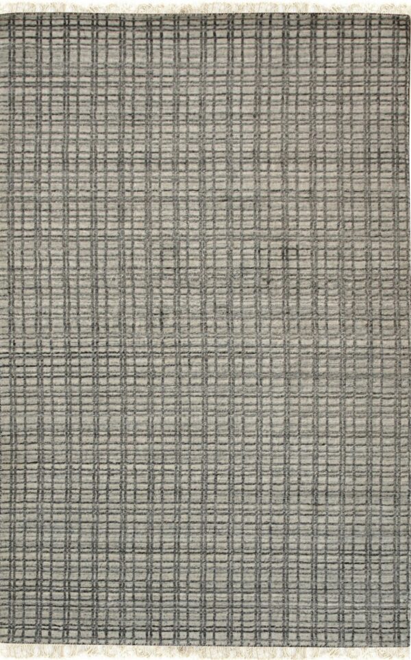 A low-pile rug featuring a dense, textured gray grid pattern over a lighter neutral background, with short fringe.